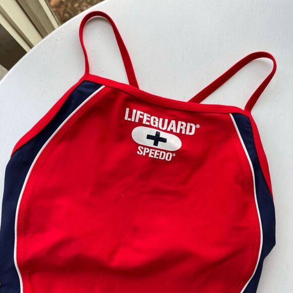 Vintage Y2K Speedo Lifeguard Swimsuit 8/34 Strappy One-Piece 90s Red Navy - Picture 10 of 13